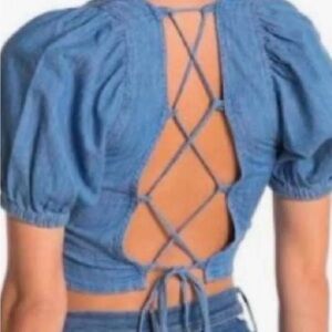 Topshop Denim Lace-Up Back & Puff Sleeves Top